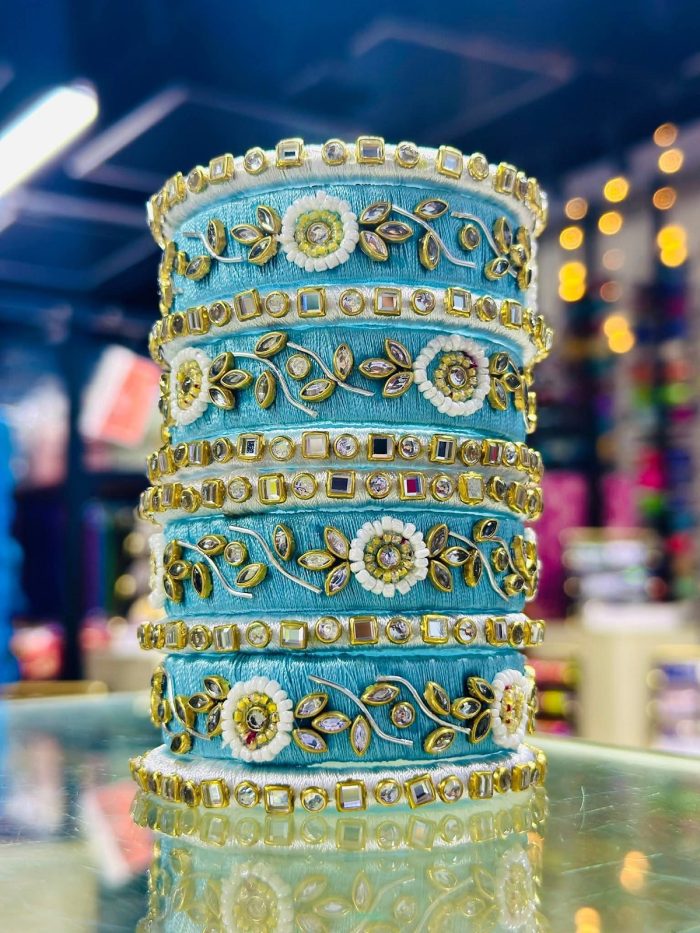 Handcrafted Sky Blue Thread & Stone Bangles Set - Image 3