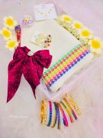 Festive gift box for girls with saree, colorful bangles, hair bow, jewelry, and accessories combo set