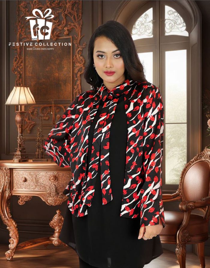 Women's Black Royel Silk & Georgette Top with Bow Neck – Festive Collection 2025