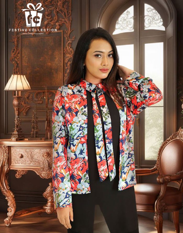 Women's Black Floral Silk & Georgette Top with Bow Neck | Stylish & Elegant - Image 2