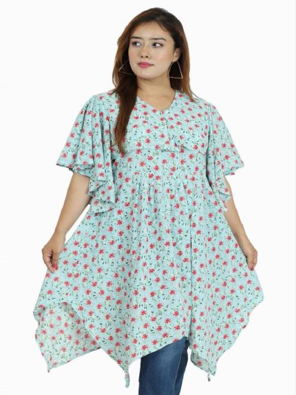 Women’s floral asymmetrical top made with Alex georgette fabric – light blue printed summer kurti style