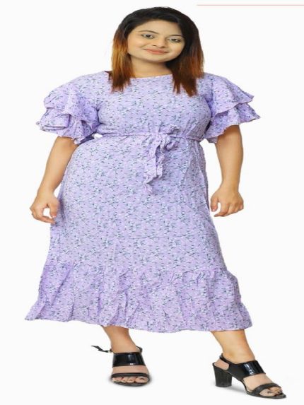 Lavender floral printed maxi dress for women in soft viscose fabric – ruffled sleeves and waist belt