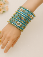 Handcrafted Sky Blue Thread & Stone Bangles Set