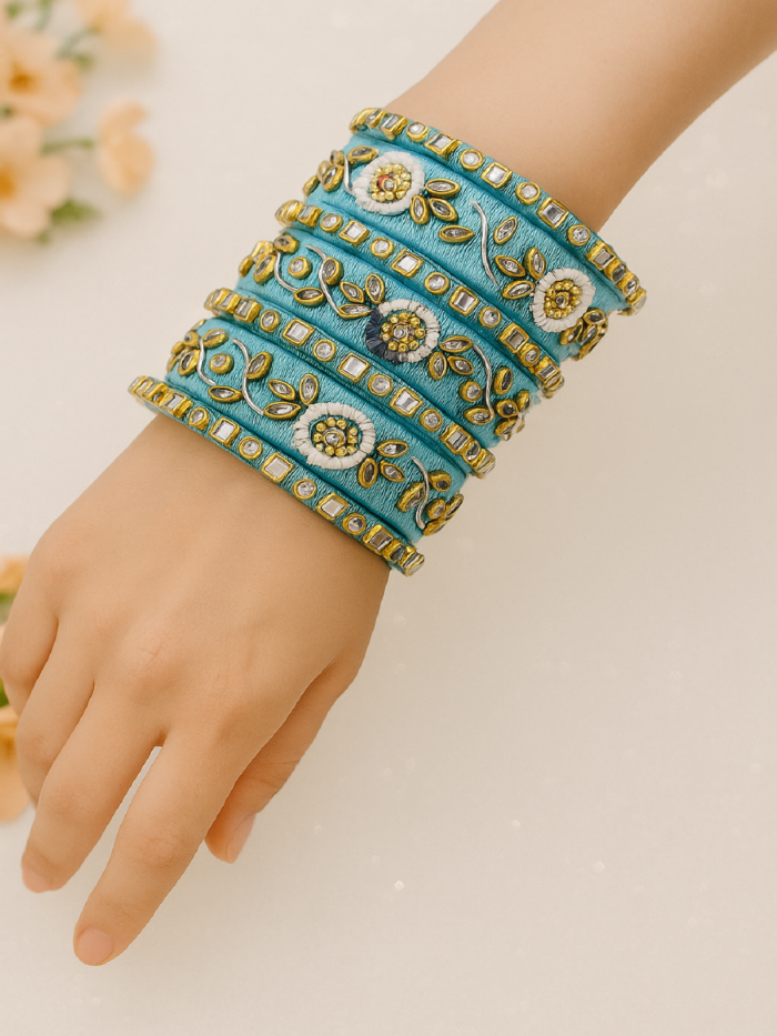 Handcrafted Sky Blue Thread & Stone Bangles Set - Image 1