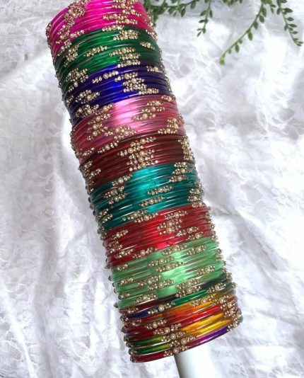 Multicolor glass bangles set with stone embellishments – festive and party wear for women and girls