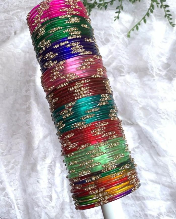 Multicolor glass bangles set with stone embellishments – festive and party wear for women and girls